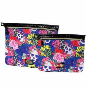 NWOT BETSEY JOHNSON Pink Rose Sugar Skull Large & Small Makeup Cosmetic Bags